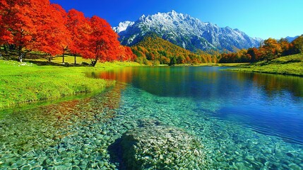 Poster -   A serene pond surrounded by lush greenery and vibrant red foliage against the backdrop of majestic mountains and a stunning blue sky overhead