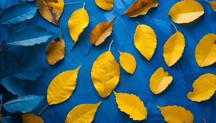 Wall Mural - The artistic expression of a variety of yellow leaves arranged on a blue background shows the beauty of nature.