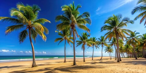 Wall Mural - Sandy beach with tall palm trees and clear blue sky, beach, trees, palm, sand, tropical, sunny, vacation, coast, relaxation