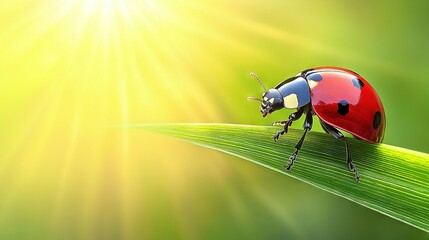 Poster -   Ladybug on green leaf under sunny sky