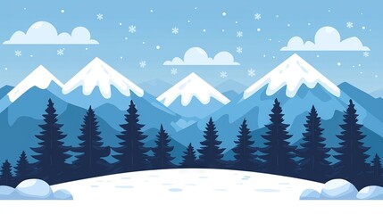 Sticker -   A stunning winter landscape featuring towering pines and swirling snowflakes in the foreground against a backdrop of brilliant blue skies adorned with additional snowfall