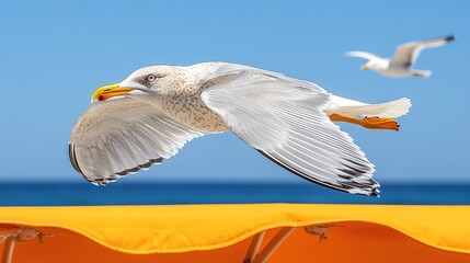 Canvas Print -   A white bird with a yellow beak flies over a yellow beach chair, surrounded by seagulls