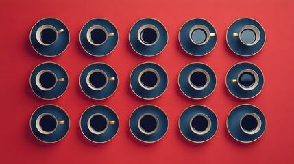 Poster -   A stack of blue cups and saucers atop a red tablecloth