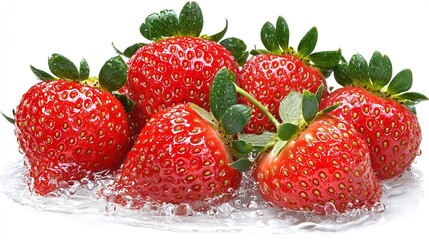 Sticker -   A macro shot of an array of red strawberries on a clean background with droplets of water surrounding them and verdant foliage atop