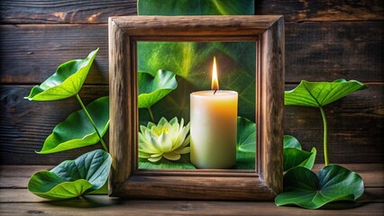 Sticker - Candle framed by lotus leaves on a wooden surface. Generative AI