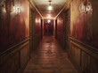 © ron - An eerie haunted hotel with flickering lights and creaking floorboards in the hallway at night.