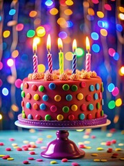 Vibrant birthday cake with lit candles and colorful lights in celebration. Generative AI