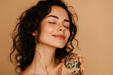 A close up of a woman's face with tattoos and her eyes closed