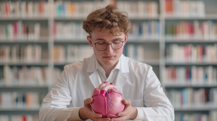 Young scientist studying anatomical heart model in library setting for medical research