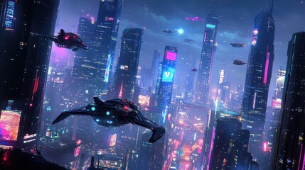 Sticker - Futuristic Cityscape with Flying Vehicles