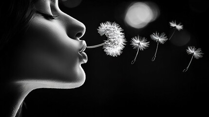 Poster -   A woman blowing on a dandelion with her face close to it