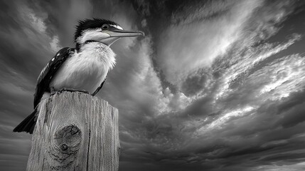 Poster -  Bird on wooden post against cloudy sky in monochrome photo