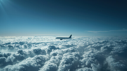 Airplane soaring above clouds in clear blue sky at high altitude during daytime