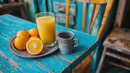 Poster -   On a blue table, a plate of oranges, a glass of orange juice, and a cup of coffee sit