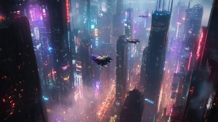 Sticker - Futuristic Cityscape with Flying Vehicles