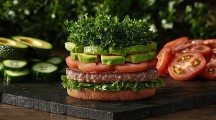 Sticker -   Hamburger with lettuce, tomato, avocado on a cutting board with sliced cucumbers