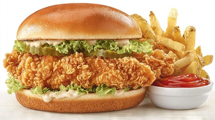 Sticker -   A chicken sandwich with lettuce, lettuce, and ketchup beside a side of fries