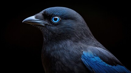 Poster -   A close-up of a blue and black bird on a black background with a black backdrop