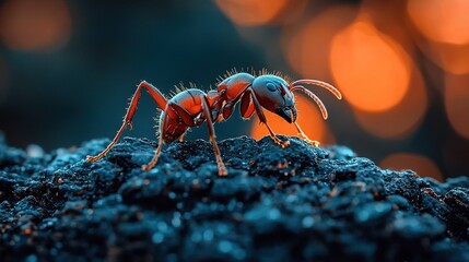 Wall Mural -   A red ants atop a mound of dirt beside a hazy boke of illumination