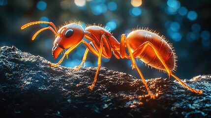 Poster -   A close-up of a red ant insect on a wooden background, with soft out-of-focus light behind it