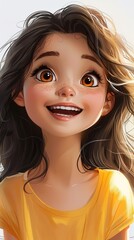 Young girl portrait 3D, in a beautiful cartoon stile, with a big head of hair