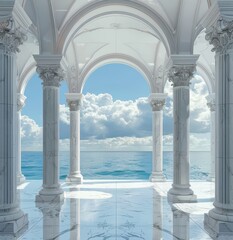 Elegant marble floor with grand arches overlooking the ocean under a bright sky