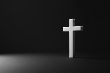 Minimalistic white Cross on Black Background with copy space, faith and spirituality advertising.