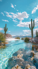 A desert scene with a river and two cacti