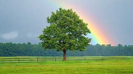 Poster -   A lone tree stands in a field of green grass with a vibrant rainbow arching over it against a blue sky A wooden fence sits in the foreground, framing the scene