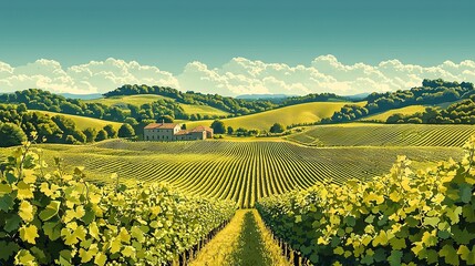 Poster -   A field with a distant house, trees, and clouds in the foreground and background