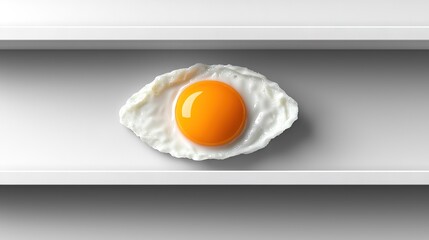   A fried egg on a white shelf with two eggs on adjacent shelves