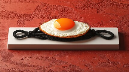 Sticker -   An egg perched atop white cloth on a crimson background via a string