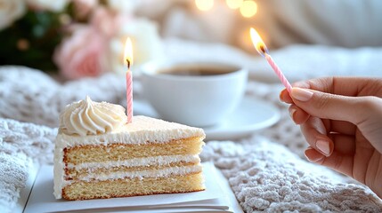 Sticker -   A slice of cake resting on a white plate alongside cups of coffee