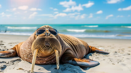 Wall Mural - comical walrus lounging on sunny beach oversized sunglasses blubbery body sprawled on sand clear blue sky gentle waves playful expression marine life meets vacation vibes