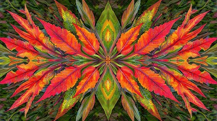 Poster -   Picture of vibrant flower surrounded by green and red flowers, in the center of frame