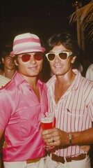 Two stylish men in vibrant 1980s attire enjoy drinks at a lively party, embodying retro fashion and the carefree spirit of summer celebrations.