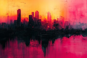 Poster - Abstract city skyline at sunset with vibrant hues of orange, pink, and black, reflecting on water in an urban landscape