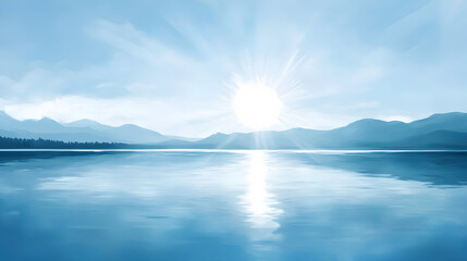 Sunshine Over a Calm Lake with Reflections - An illustration of a calm lake reflecting the bright sunlight, with gentle ripples creating a peaceful, mirrored effect