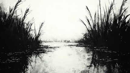 Poster -   A monochrome image of a water body with reeds in the foreground and a hazy sky in the background