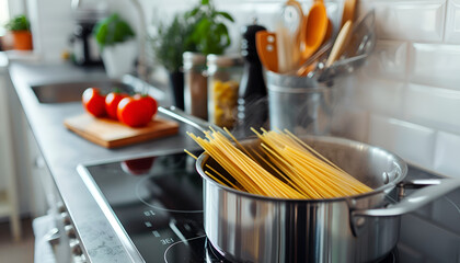 pan of boiling water with spaghetti on the cooker in the kitchen