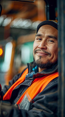 Poster - A man in an orange vest is smiling at the camera. He is wearing a black jacket and a black hat