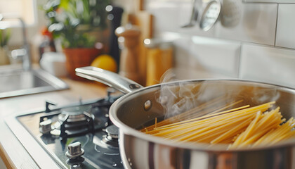 pan of boiling water with spaghetti on the cooker in the kitchen