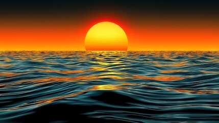 Wall Mural -   A sunset over water with a large orange sun in the center of the sky