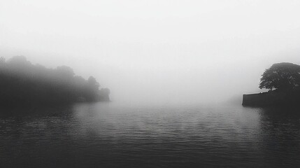   A monochrome image of a tranquil water body surrounded by trees in the mist