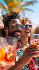 Poster - A group of people are enjoying drinks and smiling. One of the people is wearing sunglasses. There are several glasses of different sizes and shapes on the table