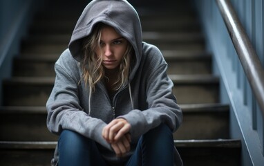 Poster - A girl wearing a hoodie is sitting on a staircase. She looks sad and is staring at the camera