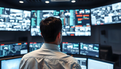 Wall Mural - Security Control Room with multipoke Computer Screens Concept. Man watches screen in security control room isolated with white highlights, png