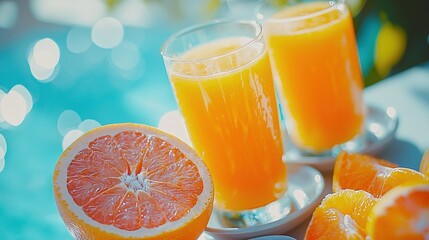 Sticker -   A glass of orange juice with two grapefruits and half of one