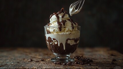 Poster -   Ice cream sundae in glass with chocolate and whipped cream on wooden table surrounded by coffee beans and whisk