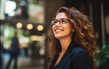 Poster - A woman with curly hair and glasses is smiling. She is wearing a black jacket and she is in a public place